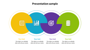 Modern sample PowerPoint slide with four overlapping colorful circles featuring business icons with placeholder text.