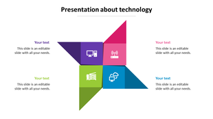 Technology themed PowerPoint slide with a colorful geometric design and digital icons with placeholder text.