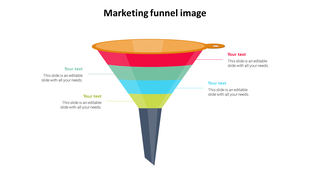 Layered marketing funnel graphic with five colorful segments, each linked to editable caption areas on both sides.