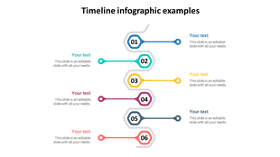 A vertical six-step timeline infographic with colorful number markers from 01 to 06, each connected to text placeholder.