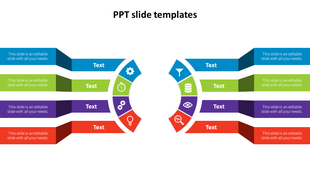 A PowerPoint template with a circular flow and colorful sections, each containing icons and text areas on a white backdrop.