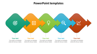 Template with five gradient arrows containing icons like target, bulb, and chart, with text areas below. 