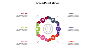 Hexagonal layout with multicolored numbered sections in gray, purple, orange, pink, green, and red, containing text boxes.
