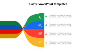Wavy infographic with multicolored streams flowing into four segments, each with icons and space for captions.
