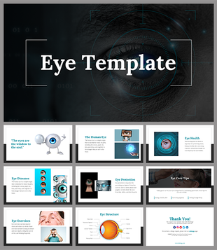 Dark and white background slide deck on eye care, covering health, diseases, protection, and structure.