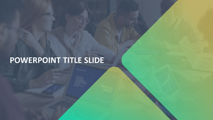 Title slide with a blurred team meeting photo on the left and diagonal green-yellow gradient overlay on the right.