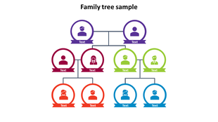 Family tree sample slide with a multicolored hierarchical layout showing family members in circles with placeholder text.