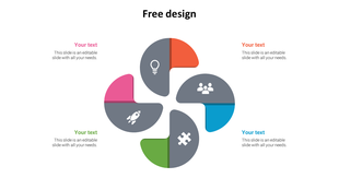 Circular design with four curved segments in pink, orange, green, and blue, each with icons and gray sections in between.