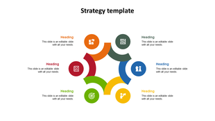 A strategy PowerPoint template with colorful circular elements and icons for strategy related tasks on a white backdrop.