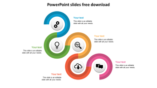Colorful circular infographic with five segments, each containing an icon like gears, bulb, magnifier, cloud, and chat.