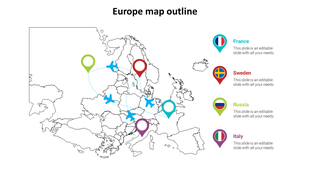 Europe map PPT slide features outline with markers indicating countries like France, Sweden, Russia, and Italy with text.