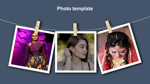A creative photo template displaying three photos of different women in various styles, hanging on a clothesline.