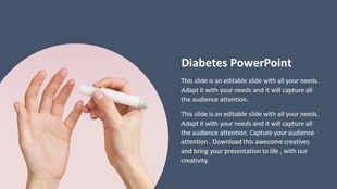 Hand using a diabetes testing device, set against a soft pink overlay circl and text on blue background.