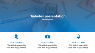 Title slide for a diabetes presentation, showing a hand holding a glucose meter with a background of a calendar with icons.