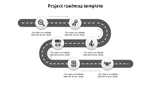 Black winding road with white circular milestones and icons, showing a project roadmap, set on a gray background.
