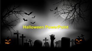 Spooky Halloween slide with glowing pumpkins, graveyard silhouettes, bats, and eerie trees against a misty gray background.