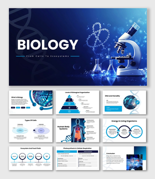 Biology blue slides, microscope, DNA helix, lab glassware, icons, circular shapes, and clean structured text boxes.