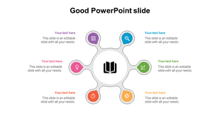 Good layout with curved connectors linking a central circle to surrounding colored icons and text placeholders.