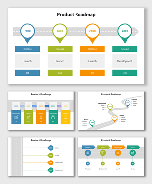 Product roadmap with four colorful cylinders placed along a winding road, each with a text placeholder below.