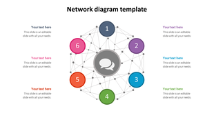 Hexagonal network with six numbered, colorful circles interconnected, centered on a gray chat icon, with text areas.