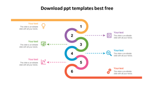 Downloadable slide featuring a six step infographic with colorful curves and icons for each step.