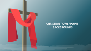Christian background slide featuring a wooden cross draped with a red cloth, set against a soft blue gradient background.