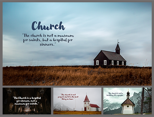 Religious-themed slide deck with images of countryside and mountain churches, each slide containing faith-centered quotes.