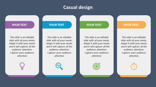 Casual design slide with four rounded text boxes in purple, blue, green, and orange, each with colored icons.