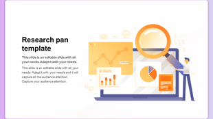 Research themed slide with a laptop displaying bar, pie, and line charts, and a character holding a large magnifying glass.