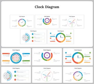 Clock diagram slides featuring visuals with circular layouts, vibrant color schemes, and sections for timelines or schedules.