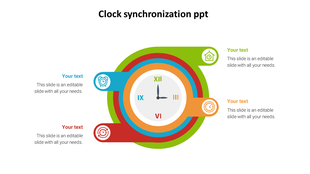 Central clock with four colored arcs containing icons for placeholder text in blue, red, green, and orange.