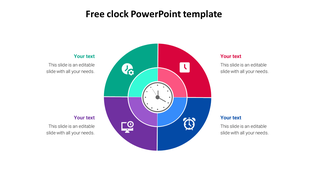 PowerPoint template featuring a colorful clock divided into four sections with icons for time management and tasks.