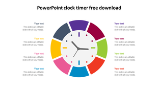 A clock illustration in the center with eight colorful sections around it, each with text placeholders.