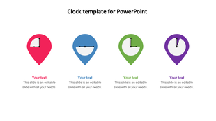 Clock timeline with red, blue, green, and purple pins, each containing a clock face with hand positions and text labels.