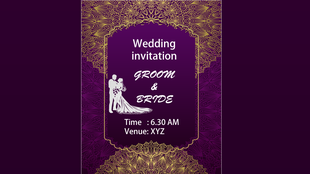 Elegant wedding invitation design with a purple and gold color scheme, featuring a couple's silhouette and ceremony details.