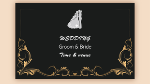 An elegant black wedding card adorned with gold accents and a silhouette of a bride and groom.