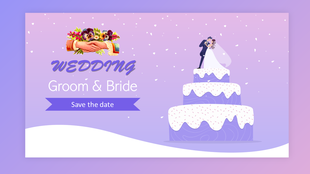 Elegant wedding theme slide with a pastel purple background, featuring couple figurine atop a cake, and save the date banner.