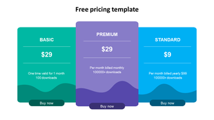 Colorful pricing template with three tiers basic, premium, and standard, each with unique features and prices.