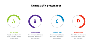 Demographic PPT presentation slide with four colorful circular sections labeled A, B, C, and D, each with placeholder text.
