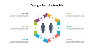 Demographic slide with two person icons in a hexagonal loop labeled A to F, each linked to placehoder text on both sides.