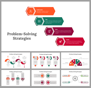 Slide pack on problem-solving strategies with colorful hexagonal designs and detailed flowcharts for stepwise guidance.