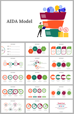 AIDA model PPT featuring a colorful funnel graphic and multiple slides explaining stages in different layout designs.