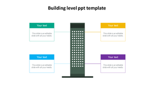 Building level PowerPoint template with a skyscraper illustration and text boxes for various information.