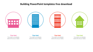 Four building icons in pink, blue, red, and green circles, each with corresponding text boxes underneath.