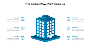 Central building icon with six blue step numbers and matching text placeholders split evenly on the left and right sides.