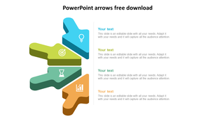 3D arrows in blue, green, teal, and orange with icons, each pointing right toward matching placeholder text boxes.