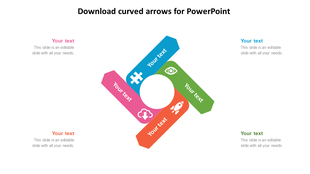 Four curved arrows in blue, green, pink, and orange form a circular flow around a central white space, each with an icon.