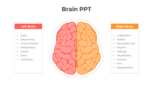 Split brain illustration in red and orange with left and right side text boxes listing analytical and creative attributes.