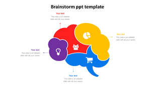 Brainstorm PowerPoint template featuring a colorful cloud design with icons and placeholder text on a white backdrop.