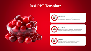 Red cherries in a transparent bowl against a rich red background, paired with text details on their characteristics.